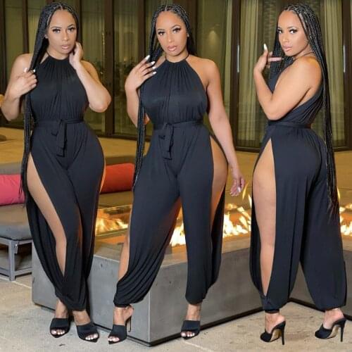 Echoine Sleeveless Black Halter Jumpsuit Sexy Side Split Hollow Out Elegant Rompers Casual Party Club Outfits Playsuit Summer