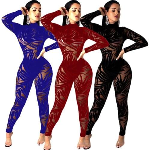 Leaf Print Sheer Mesh Patchwork Solid Jumpsuit Women Sexy O Neck Long Sleeve See Through Pencil Pants Rompers Club Outfits