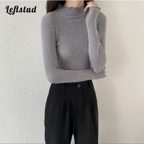 Half turtleneck sweater with wood ears womens 2021 spring and autumn new Korean soft waxy slim stretch warm base sweater