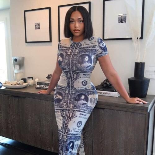 2021 Summer Women Long Dress Print Short Sleeve O-neck Stretchy Bodycon Splited Fashion Maxi Dresses