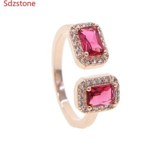 Gold Rose Color Big Rainbow Square Stones Open Ring For Women Girl Wedding Rings Adjustable Knuckle Finger Jewelry Xmas