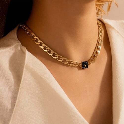 2021 Boho Choker Chain Golden Punk Flat Thick Chain Square Crystal Pendant Necklace For Women Vintage Fashion Multilevel Jewelry