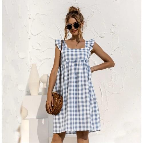Casual Sleeveless Beach Summer Woman Dress Sleeveless Loose Blue Ruffle Plaid Print Midi Dresses For Women Elegant 2021 Sundress