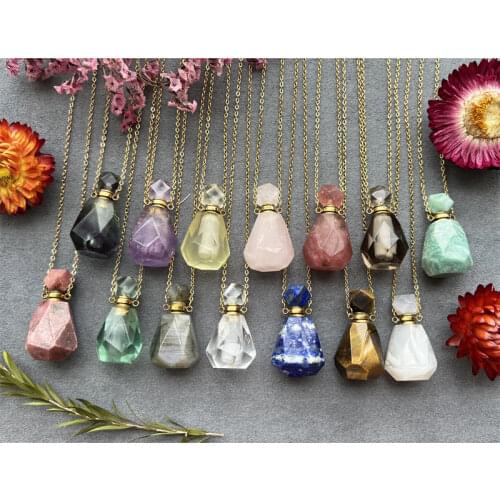 Gold stainless steel plated jewelry charm Natural gems stone Essential Oil Diffuser Perfume Bottle Pendant for necklace making