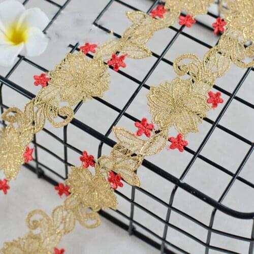 2Meters 35mm Gold Red Flowers Lace Trim Ribbons for Crafts DIY Hair Bow Gift Decorative Ribbon Wedding Party Decoration