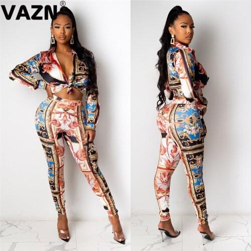 VAZN 2020 Casual Daily V-neck Print Fashion Elegant Sexy High Street Set Holiday Women Young Energetic Set