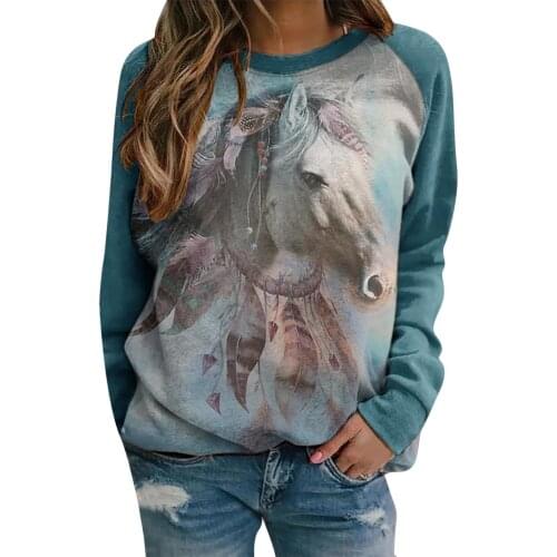 Blouses Vintage T Shirts Women Clothes Plus Size Women Long Sleeve 3D Horse Printed O-Neck Top Shirt Tshirt Women camisas mujer