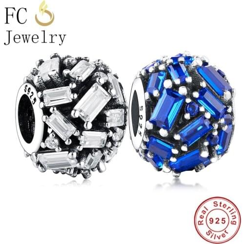 FC Jewelry Fit Original Brand Charm Bracelet 925 Sterling Silver Sqaure Micro Pave Blue Zircon Stone Bead Making Berloque 2019