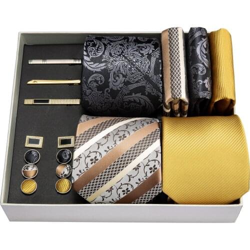 Hi-Tie Black Gold Navy Blue Striped Paisley Fashion Mens Necktie 4pcs Silk Wedding Tie Gift Box Bussiness Party Dropshipping