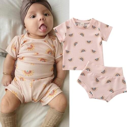 2PCS Baby Girls Clothing Set Girls Cotton Sun Printed Short Sleeve Top + Short Pants Infant Summer Outfits Newborn Clothes Sets