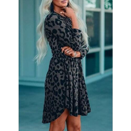 Spring And Autumn New Style Leopard Printing O-Neck Long-Sleeved Short Dress Fashion Street Dresses Leisure Loose Vestidos