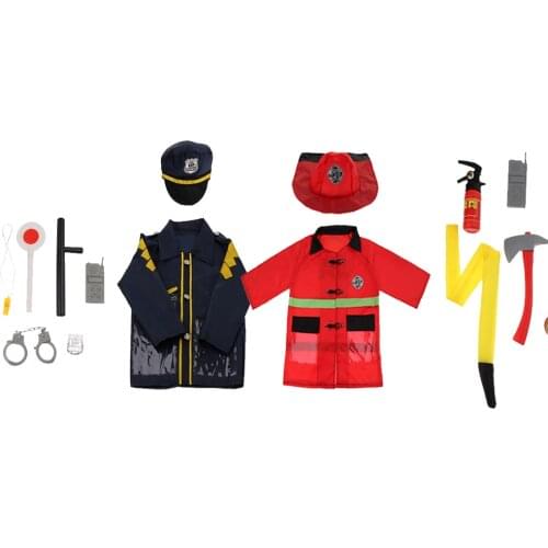 2 Sets Children Fire Chief & Police Man Role Play Fancy Dress Up Costume Halloween Cosplay Tools Set Kids Pretend Playing Game