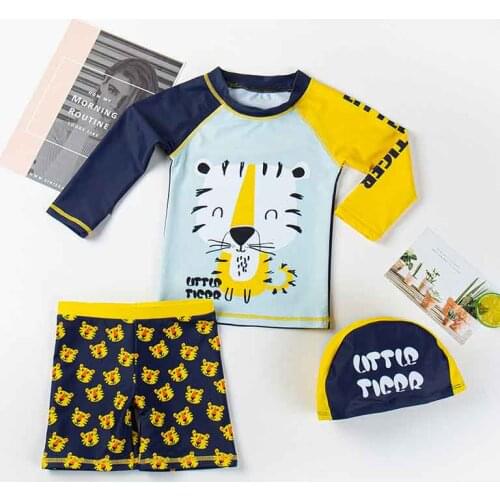 3 Pcs Kids Swimsuit Cartoon Tiger Print Childrens Swimwear Boys UPF50 Long Sleeve Wear Bathing Suit Child Toddler Boy Swimming