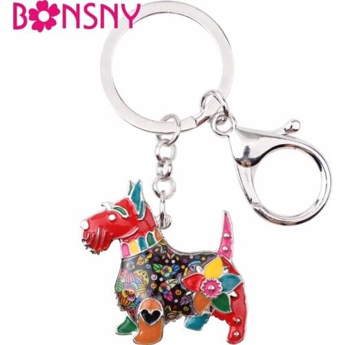 Bonsny Enamel Metal Scottish Terrier Dog Key Chain Keychains Rings Fashion Animal Jewelry For Women Girls Bag Car Pendant Charms