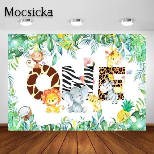 Mocsicka Jungle 1st Birthday Party Backdrop Tropical Leaves Animals Safari First Birthday Photoshoot Photography Background
