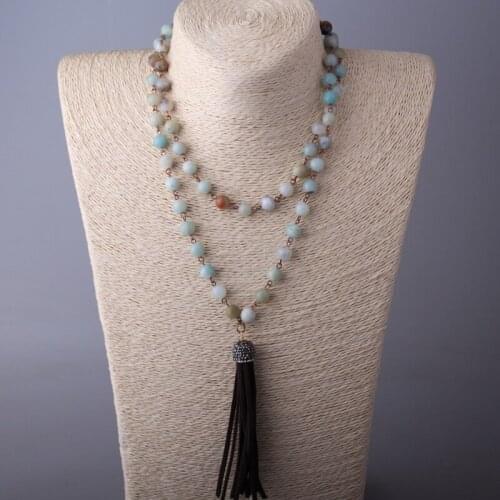 Fashiom Amazonite Stones Rosary Chain Crystal Tassel Necklace