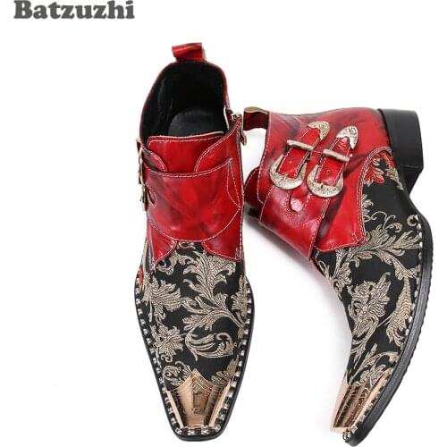 Batzuzhi Rock Mens Leather Ankle Boots Western Ankle Boots Men Metal Toe Buckles Botas Hombre Party Wedding Boots, Sizes US6-12