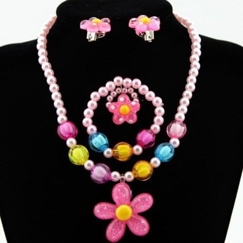 Candy Beads Resin Plastic Kids Jewelry Set for Children Flower Pendants Cute Necklace Bracelet Ring Earrings Baby Jewelry T140