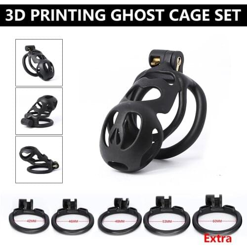 NEW DESGIN 3D Printing Ghost Male Chastity Cock Cage 4 RINGS Set Penis Sleeve Plastic Lockable Device Penis Rings Sex Toys