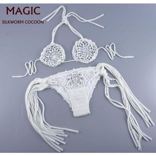 New Diamon Gem Jewel Crochet Bikini Set Women Sexy Two Piece Swimwear Rhinestone Swimsuit Biquini Mulher Monokini Luxury Bikinis