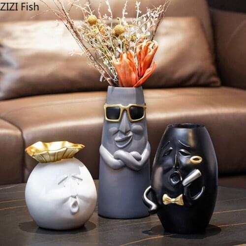 European Character Resins Vases Abstract Human Face Flower Pots Decorative Artwork Sculpture Flowers Vase Nordic Home Decor