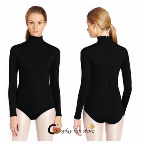 Plus Size Adult Lycra Black Nylon Womens Long Sleeve Turtleneck Leotard Gymnastics Girls Ballet Dance Leotard Costumes
