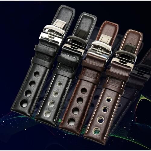 Laopijiang genuine Leather Strap For Sports Racing Series PRS516 T91 1853 Watch 20mm Black Orange Line with steel folding buckle