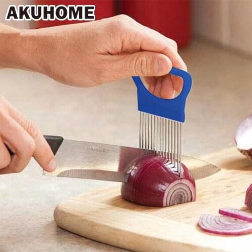 Tomato Cutter Metal Meat Needle Gadgets Meat Fork Easy Cut Onion Holder Fork Stainless Steel +Plastic Vegetable Slicer Akuhome