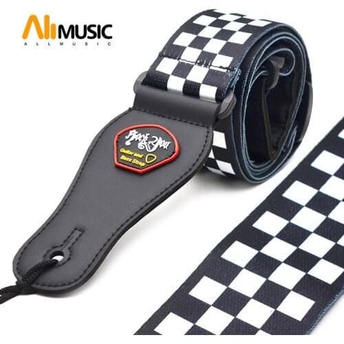 Rockyou Black Nylon White Checked Grid Adjustable Strap PU Leather End for Acoustic Guitar