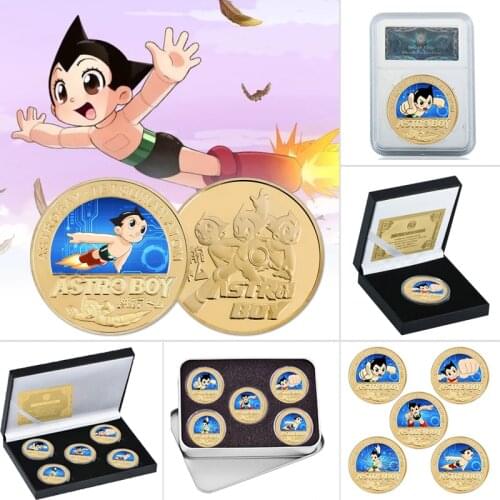 Japanese Anime Cartoon Astro Boy Gold Plated Commemoative Coin Set In Coin Holder Challenge Coin Original Souvnir Gift for Kids