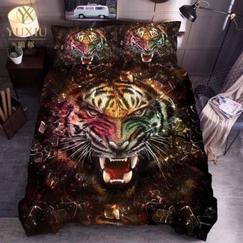 YuXiu Classic Duvet Cover Sets Animal Tiger Pattern 3D Bed Linen Linens Quilt Covers Bedding Set 3Pcs Full Queen King Single