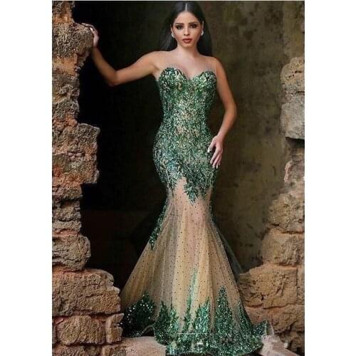 Green Muslim Evening Dresses Mermaid Sweetheart Tulle Appliques Beaded Dubai Saudi Arabia Long Prom Dress Gown Robe De Soiree
