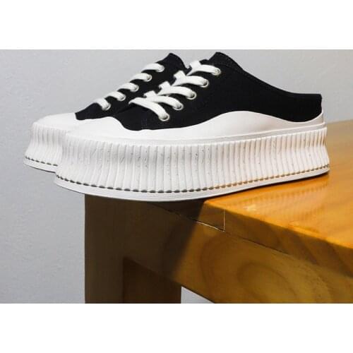 Mr Co Canvas Breathable No Heel White Shoes Female Half Drag Thick Bottom 2021 Hot Style Casual Wild Half Support Tide