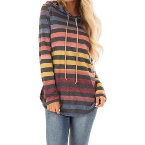 Women Autumn Hoodies Striped Mixed Color Pullover Tops Slim Fit Sweatshirt AIC88