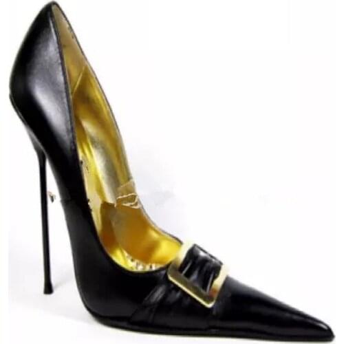 Ultra Thin 12Cm/14Cm High Heels Women Pumps Stilettos Metal Heels Black Sexy Extreme Pointed Toe Slip On Big Size Shoes
