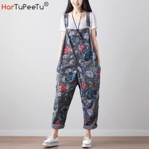 2021 Spring Summer Thin Denim Cotton Jumpsuits Women Loose Foral Print Overalls Vintage Casual Frayed Jeans Suspender Trousers