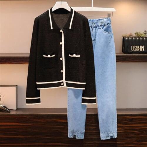 Women Sets Solid Casual Shirt Patchwork Knitted 2 Pieces Student Preppy-style Fashion Simple All-match Straight Jeans Suits big