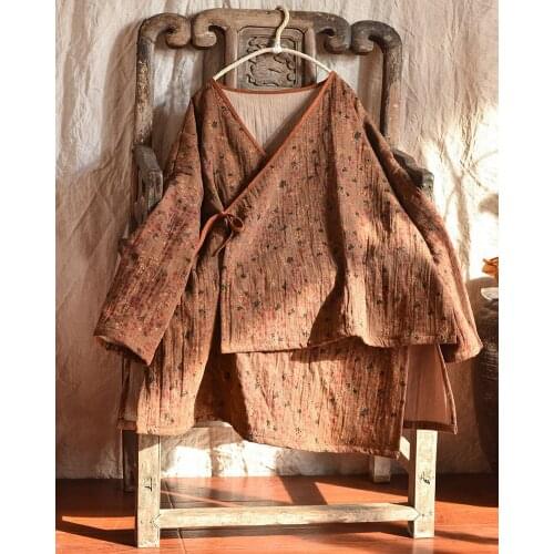 Women Loose Printed V nek Cotton Linen Jackets Ladies Vintage Printed Cotton Falx Outerwear Female Irregular Length Coat