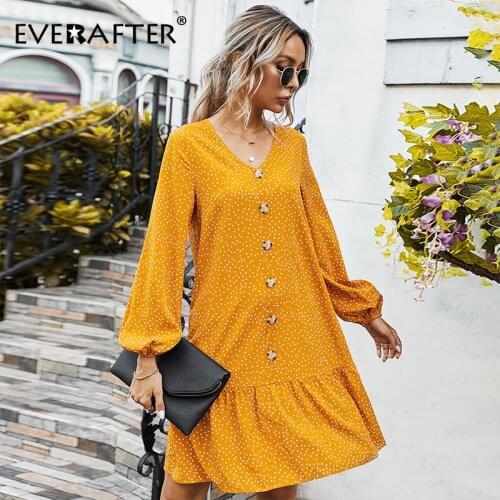 EVERAFTER Women Autumn Dress Fashion Polka Dot Dress V-Neck Ruffles Button Loose Female Casual Yellow Dress 2020 Vestidos Mujer