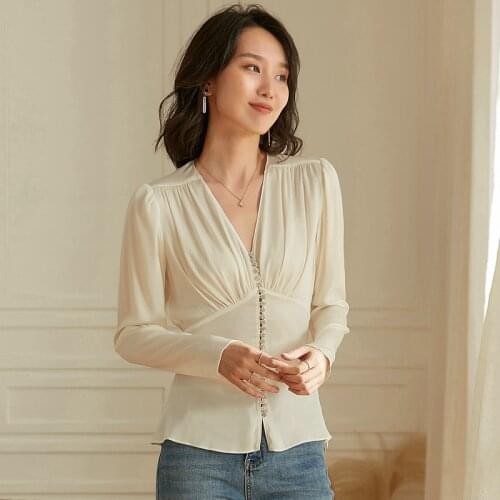 100% Silk Blouse Women Shirt Vintage Design Beading Solid 2 Colors V-Neck Long Sleeves Tops Elegant Style New Fashion