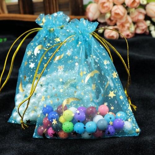 100pcs 7x9cm Drawable Organza Bags Star Moon Lake Blue color Wedding Christmas Gift Bag Jewelry Packaging Bags Pouches