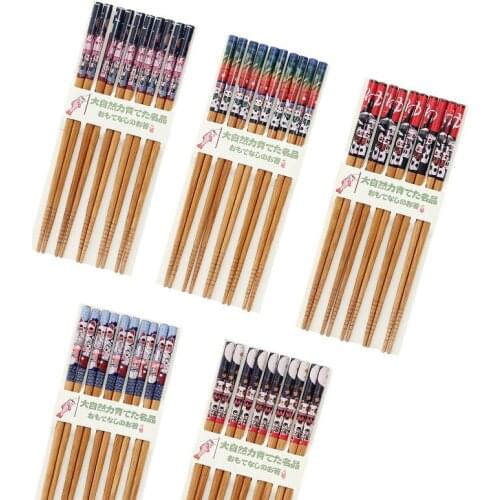 5Pairs Chopsticks Set Japanese Printing Cartoon Bamboo Chopsticks Nonslip Jewelry Stick Anti-scalding Grilled Flower Sushi Stick