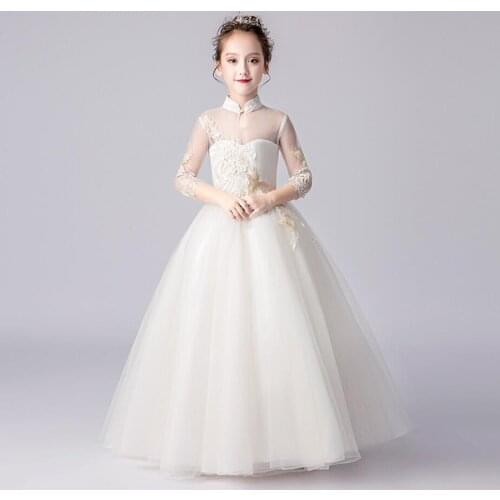 White Lace Flower Girl Dress Princess Dress For Wedding Party Dresses Beads Appliques Long Gown Girls First Communion Vestidos