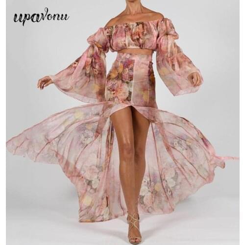 Free Shipping 2021 New Retro Printed Suit Sexy Card Shoulder Flare Sleeve Top & Mid-length High Waist Skirt Party Two-piece Set