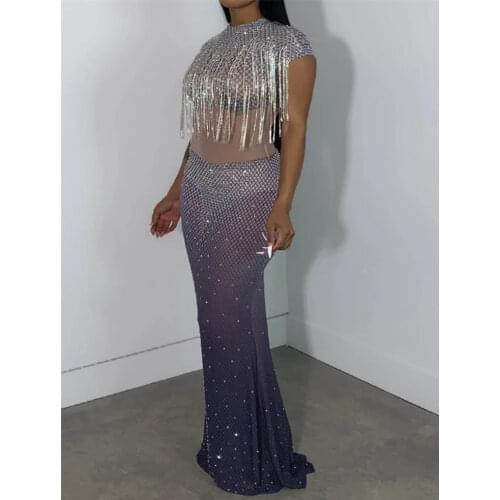 Sparkling Rhinestone Fringes Long Dress Lady Evening Birthday Prom Party Dresses Bar Singer See Through Mesh Sexy Stage Outfit