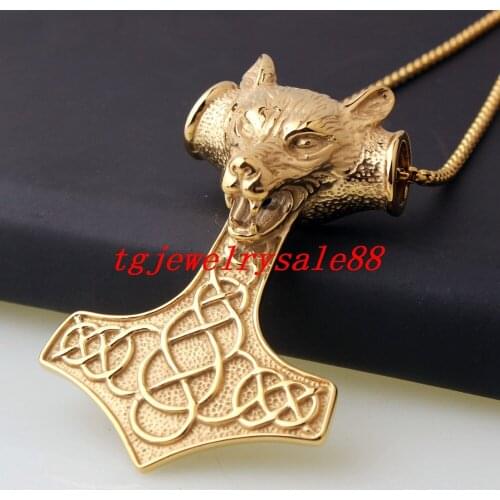 High Quality Gold Stainless Steel Wolf Head Thor Hammer Pendant Necklace Biker Boys Mens Fashion Jewelry 24" Chain