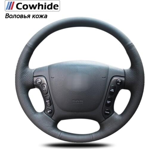 Handsewing Black Genuine Leather Steering Wheel Covers For Hyundai Santa Fe 2006-2012