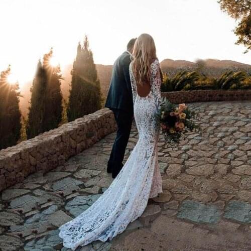 Hot Sale Charming Lace Mermaid Bridal Wedding Gowns Long Sleeve Illusion Neckline Back Out Appliqued Wedding Dresses for Bride