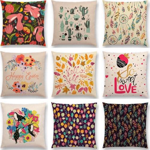 Hot Sale Lovely Flowers Leaf Trees Feather Cactus Rabbit Toucan Floral Pattern Colorful Happy Cushion Decor Sofa Throw Pillow