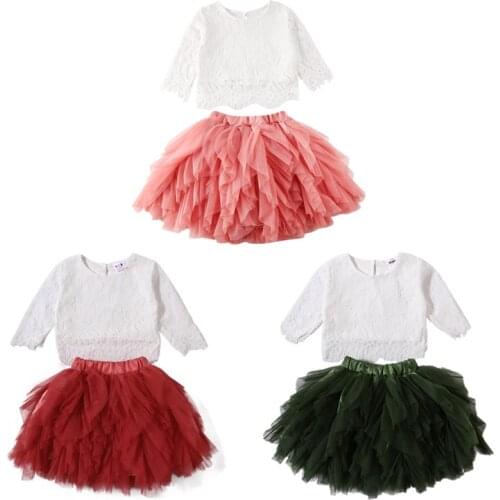 Focusnorm 1-6 Years 2PCS Toddler Baby Girl Dress Outfits Lace Tops Ruffled Tutu Skirt Girl Autumn Clothes Set